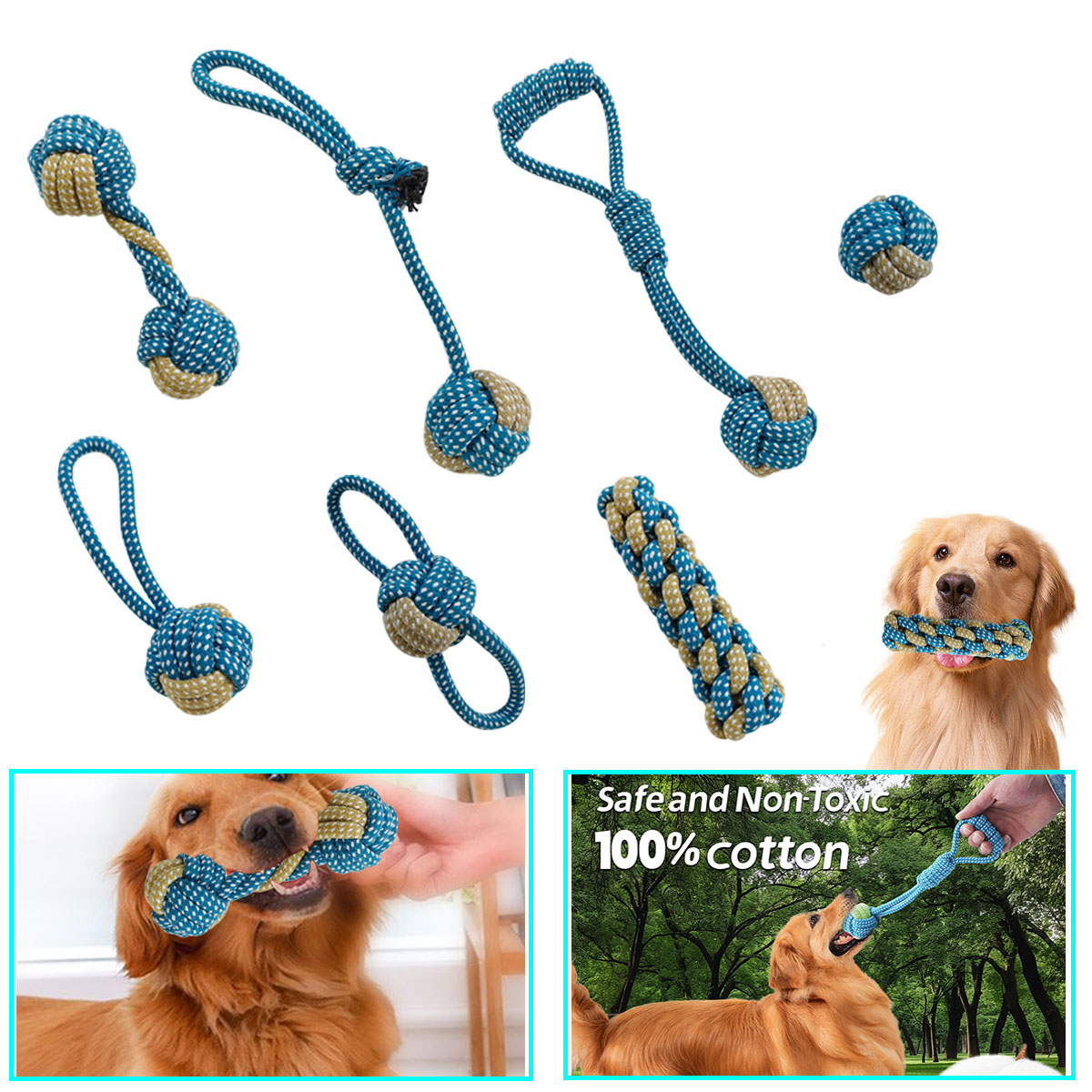 Teeth Cleaning Dog Chew Bone - ของเล่นเชือกถักแบบผูกปมคู่สำหรับสุนัขและลูกสุนัข 7 ชิ้น ของเล่นทำความสะอาดฟัน ทนทาน เชือกถักแบบกระดูก